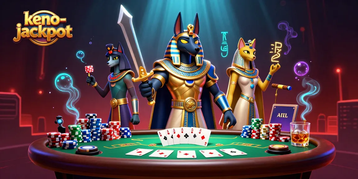 Keno-jackpot game scene featuring Anubis and Bastet among poker elements and vibrant visuals.