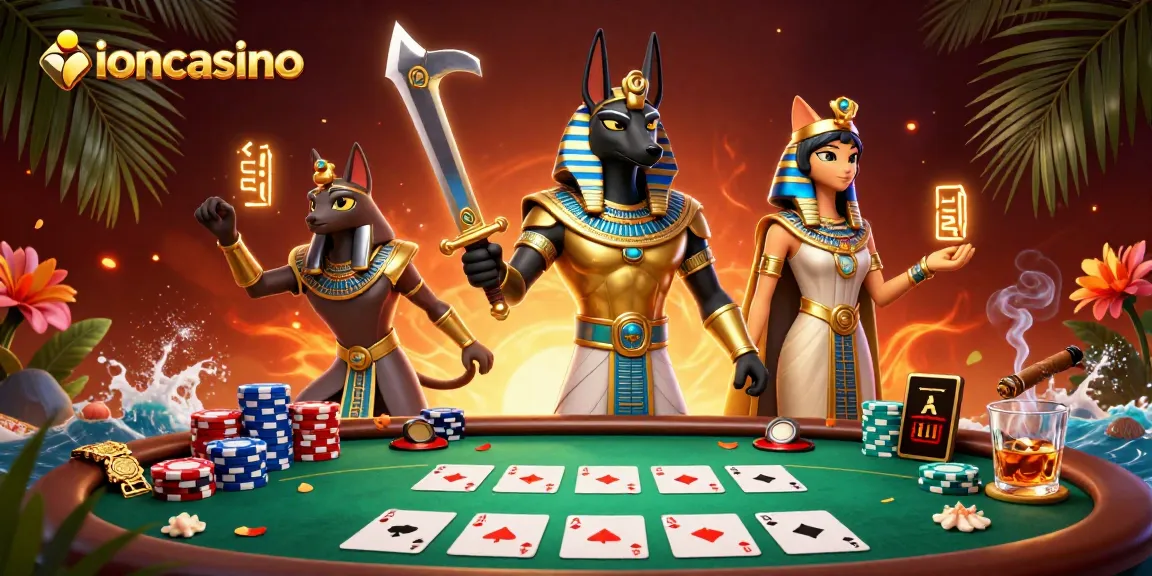 Engage with the vibrant scene at ioncasino featuring an Egyptian warrior and cat, poker elements surrounding them.