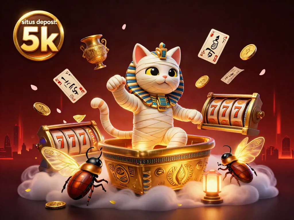 Experience the excitement of situs deposit 5k with a vibrant 3D casino illustration featuring a mummy cat and glowing elements.