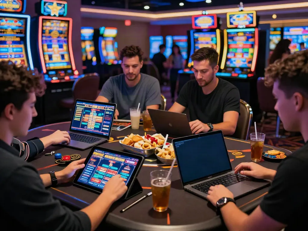 Spieler in einem modernen Online-Casino, die einen Casino Bonus ohne Einzahlung genießen, am Tablet, Laptop und Smartphone.