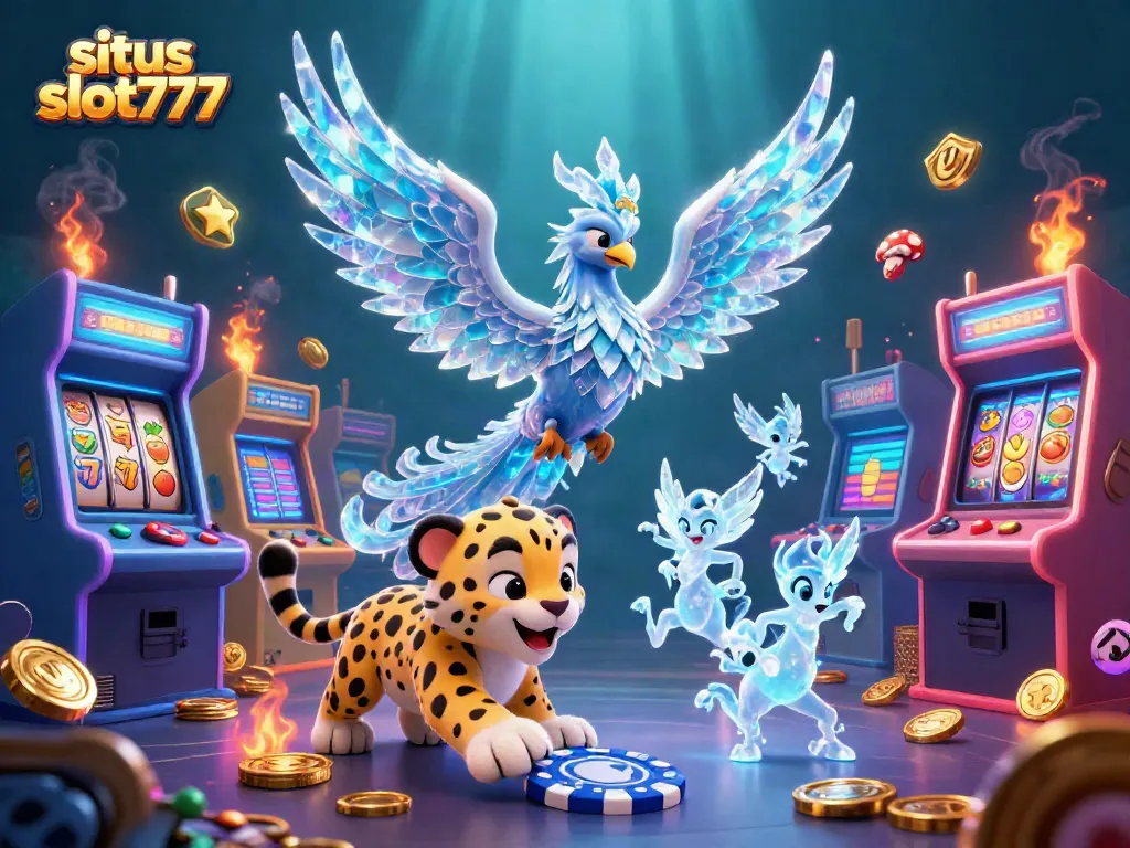 Permainan menarik di situs slot777 dengan karakter fantasi dan simbol slot yang berkilau.