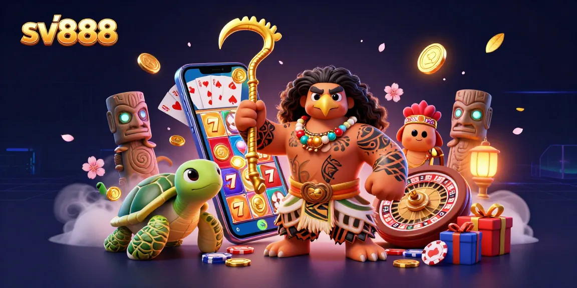 Spin to win with sv888's thrilling slot games featuring a Maui-style demigod and vibrant casino elements.