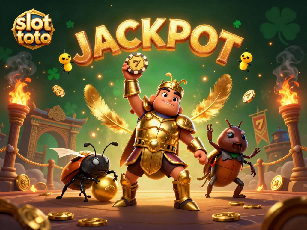 Experience exciting slot toto games as a heroic beetle lifts a poker chip in a vibrant casino scene.