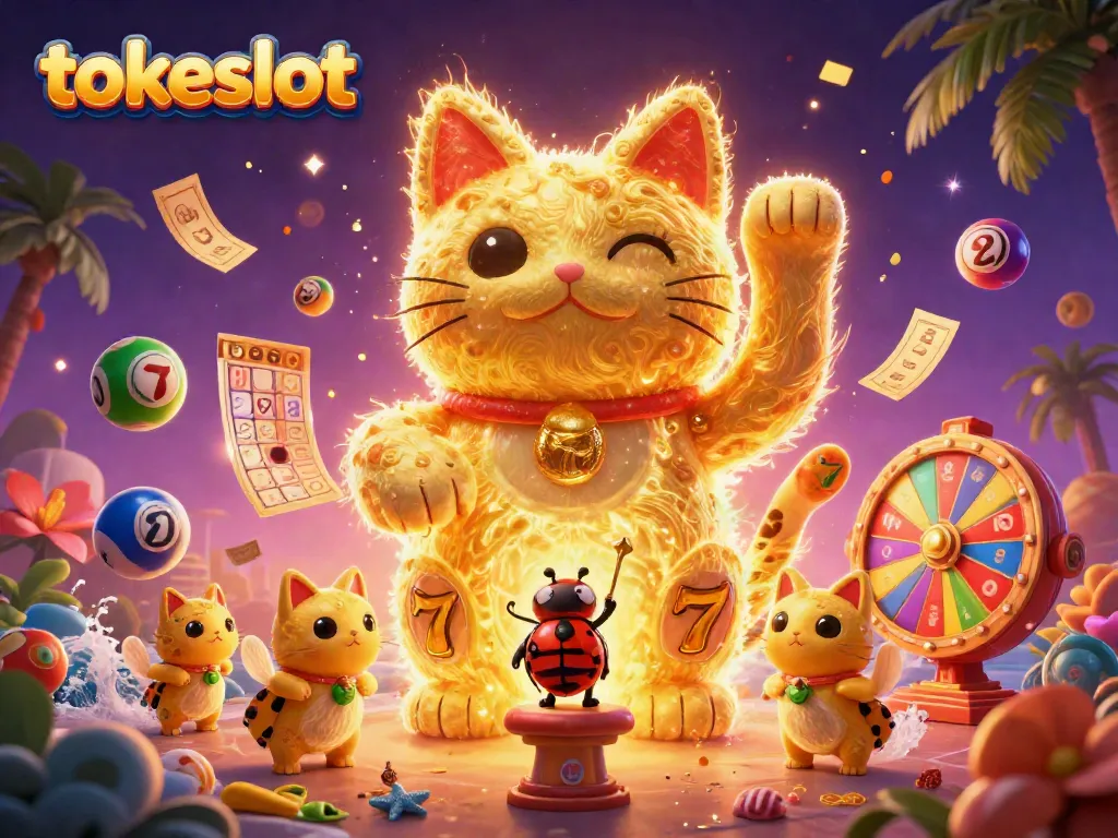 Engage with the dynamic scene of tokeslot, where a lucky cat and casino symbols come alive amidst a vibrant backdrop.