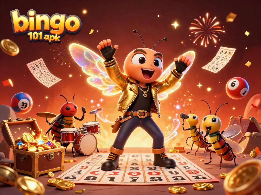 Permainan bingo 101 apk dengan karakter cicada berbintang dan elemen permainan interaktif yang meriah.