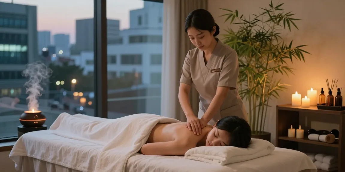 Professional performing 강남출장마사지 in a serene spa setting with calming ambiance and soothing elements.