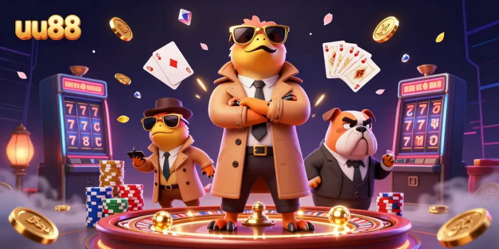 Experience thrilling betting at uu88 with vibrant casino action illustrations featuring raptors and gems.