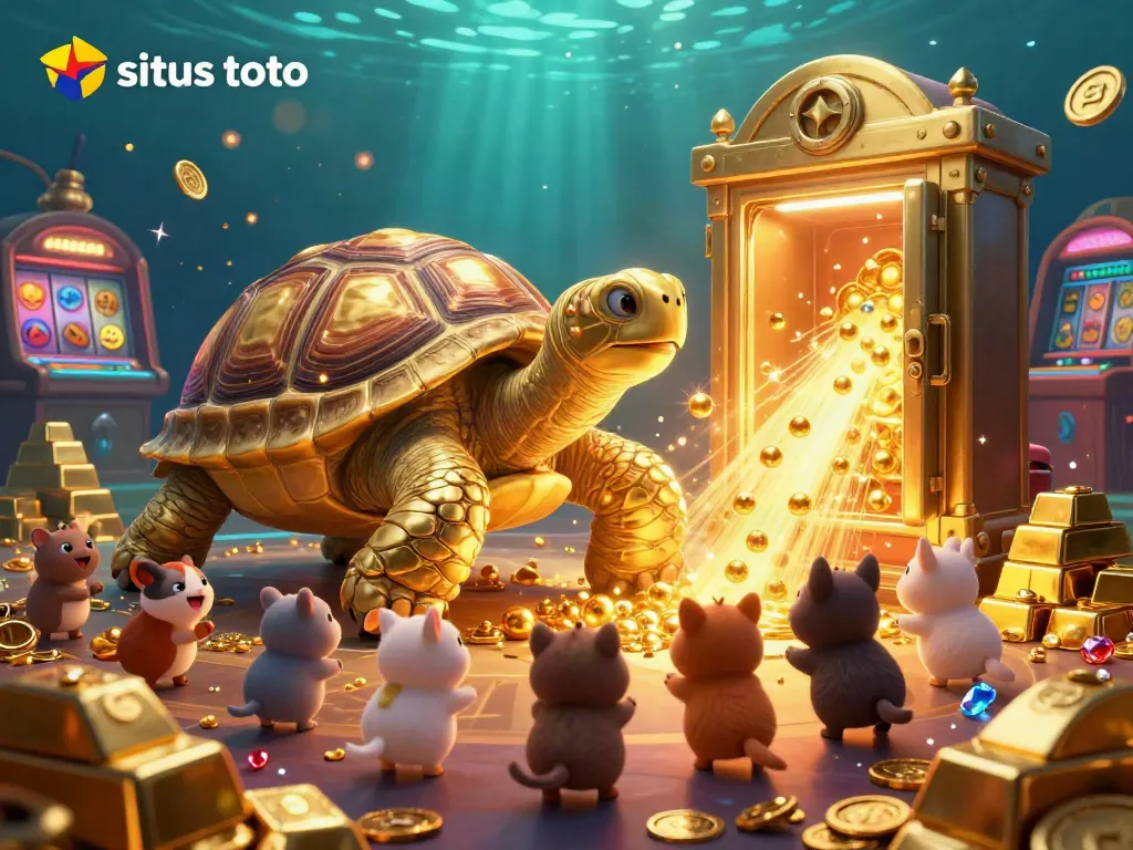 Engage with situs toto in a vibrant casino scene featuring a golden tortoise pinball machine.