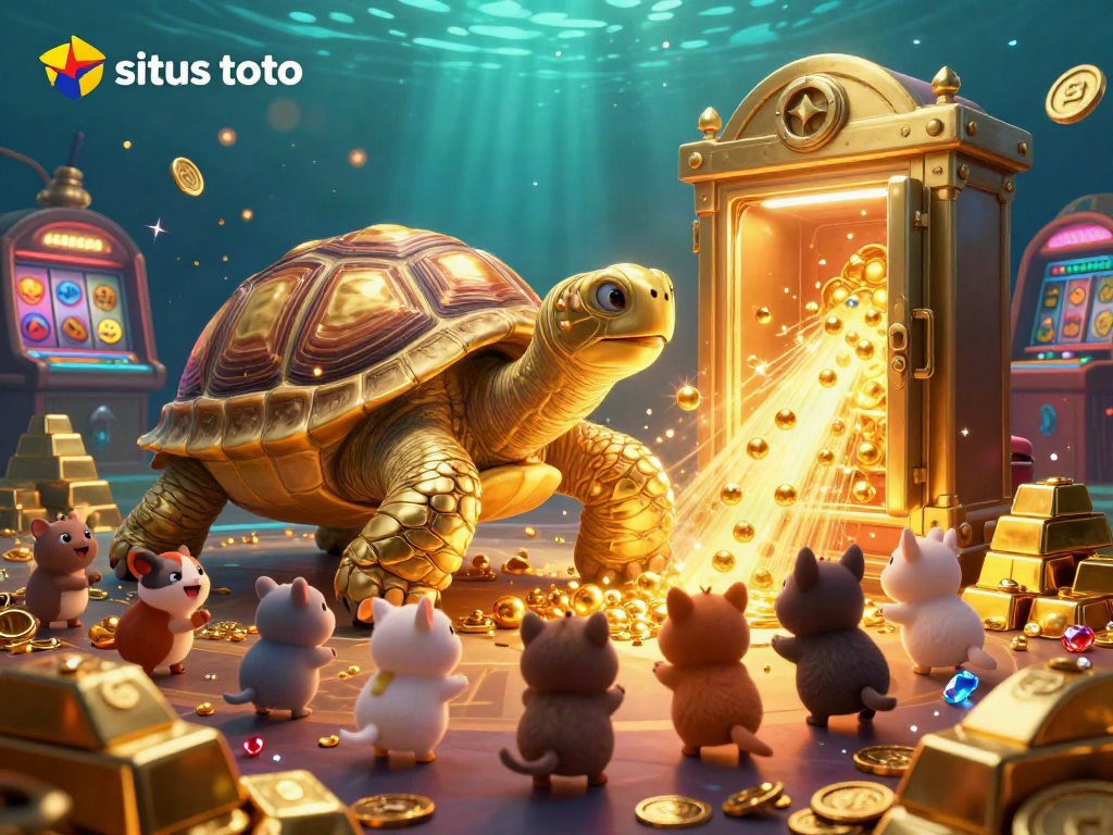 Engage with situs toto in a vibrant casino scene featuring a golden tortoise pinball machine.