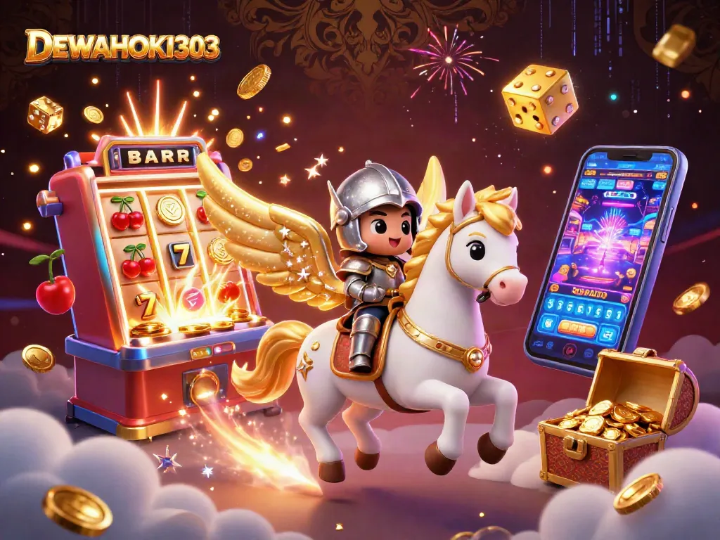 DEWAHOKI303 merayakan kemenangan dari slot dengan mesin slot meledak koin dan simbol bertaburan di sekitarnya.