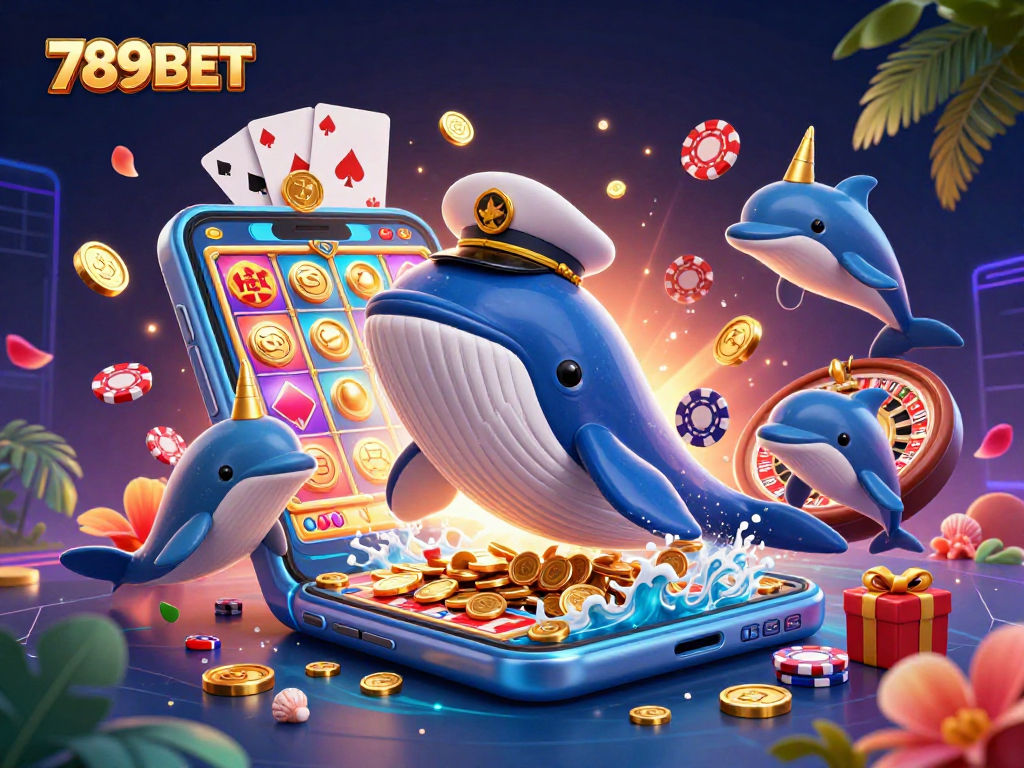 Experience gaming excitement at 789BET with whales and playful dolphins amid coins and card games.