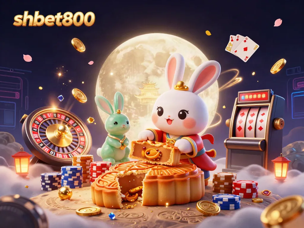 Engage in thrilling gambling at shbet800 with a dynamic scene of moon rabbits uncovering poker chips.