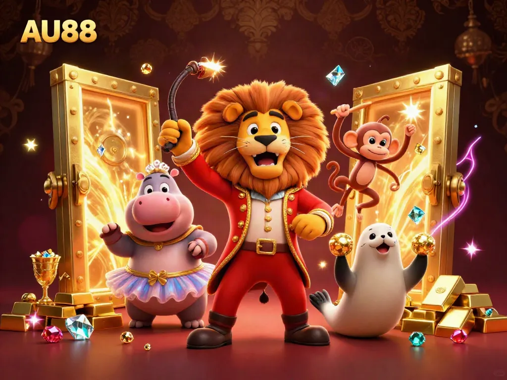 Explore the vibrant casino scene with AU88, featuring engaging characters and dynamic treasure elements.