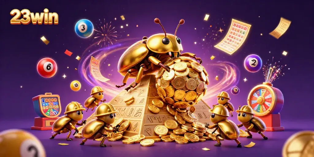 Engage in exciting casino adventures with 23win featuring dynamic illustrations of golden beetles and vibrant game elements.