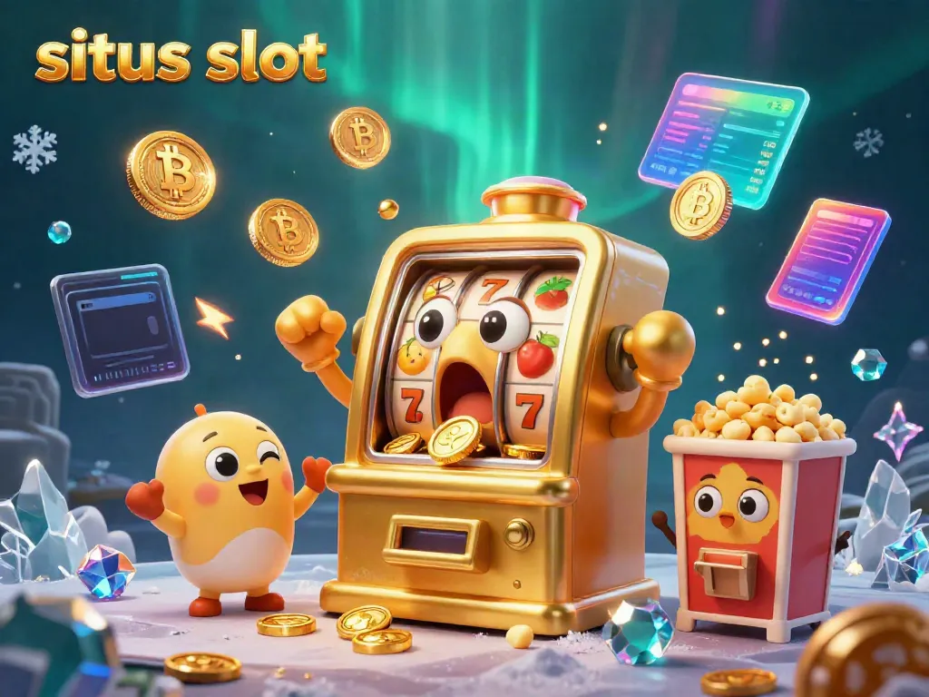 Mesin slot emas kartun mengeluarkan koin dalam pesta kemenangan di situs slot.