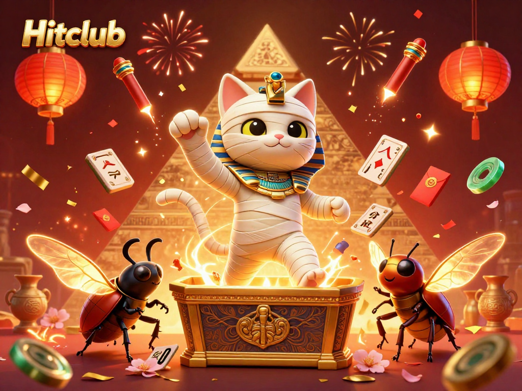 Hitclub immerses players in a lively pyramid casino scene filled with vibrant gambling elements and festive confetti.