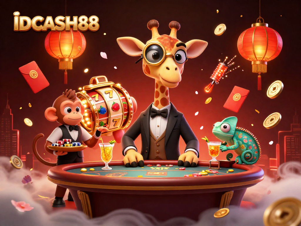 Experience the excitement with IDCASH88's vibrant casino scene featuring a high-roller giraffe and dynamic game elements.