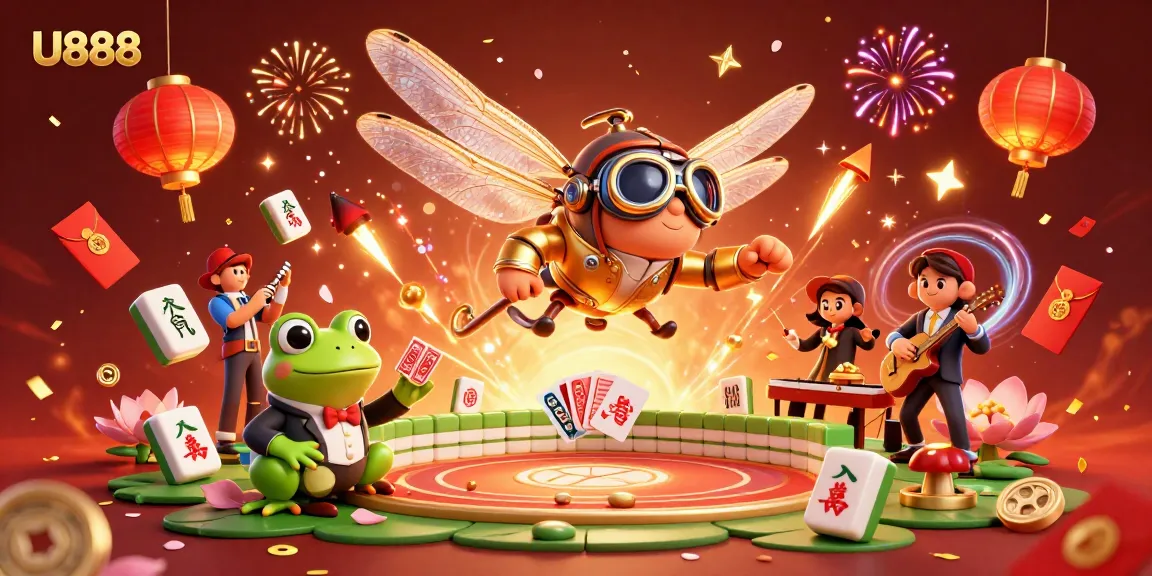 U888 captures a thrilling casino scene with a dragonfly pilot, frog croupier, and jazz crickets.