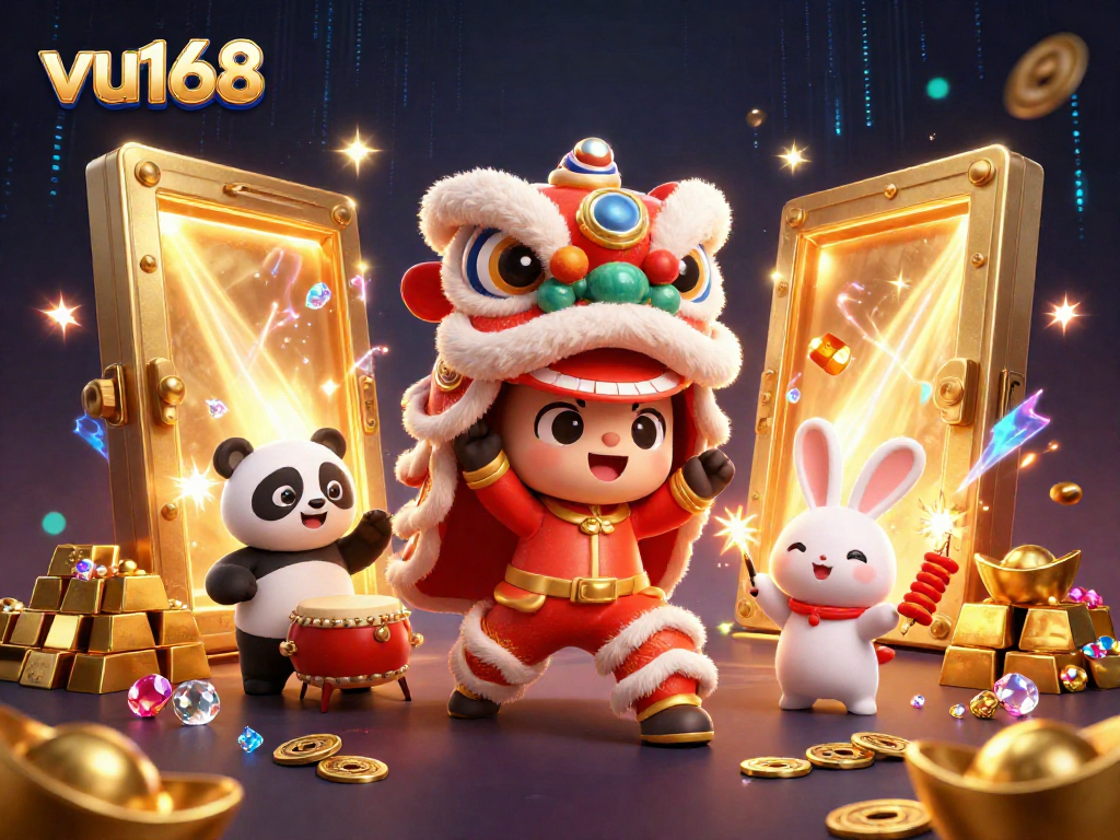 Experience the excitement of vu168 with a vibrant 3D illustration of a lion dance and treasures!