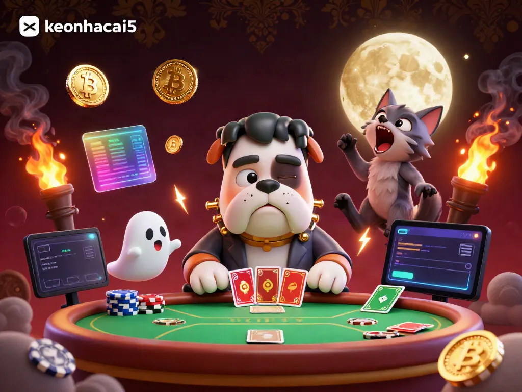 Engage with keonhacai5 as a cartoon Frankenstein bulldog dealer in a spooky poker scene, blending eerie fun with crypto elements.