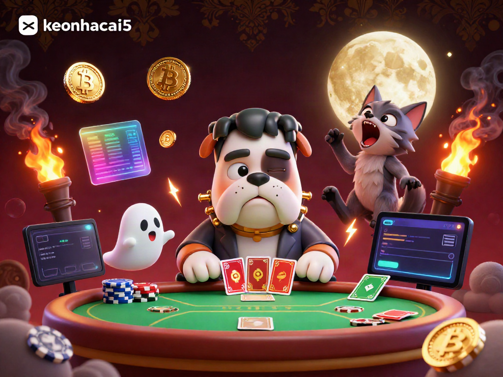Engage with keonhacai5 as a cartoon Frankenstein bulldog dealer in a spooky poker scene, blending eerie fun with crypto elements.