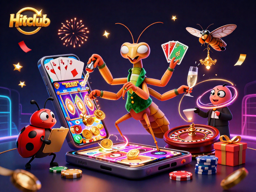 Engage with Hitclub's thrilling casino atmosphere via vibrant 3D illustration, showcasing dynamic card play and exciting games.