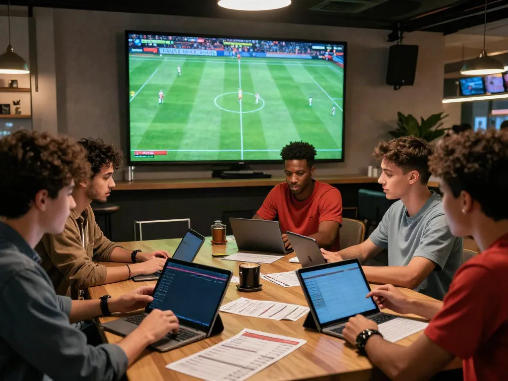 WWBOLA betting enthusiasts analyzing high odds during live soccer matches in a vibrant sports lounge.