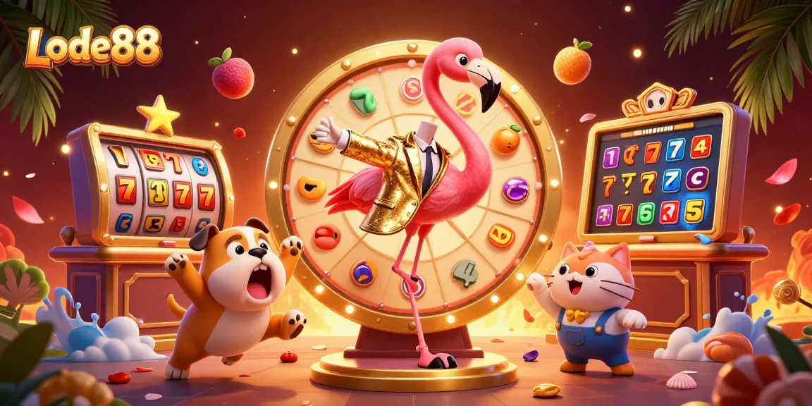 Lode88 showcases excitement with a vibrant game show scene featuring a flamingo host, bulldog contestant, and prize reveal.