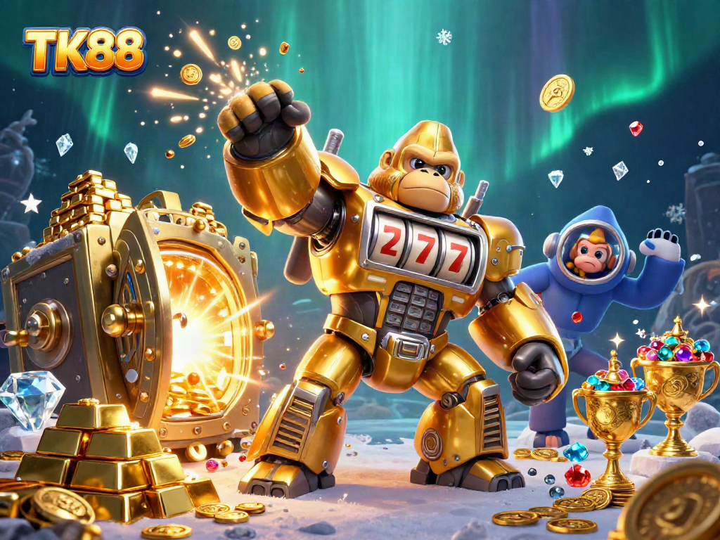 Win big at TK88 with a dynamic scene featuring a golden gorilla mech and treasure elements