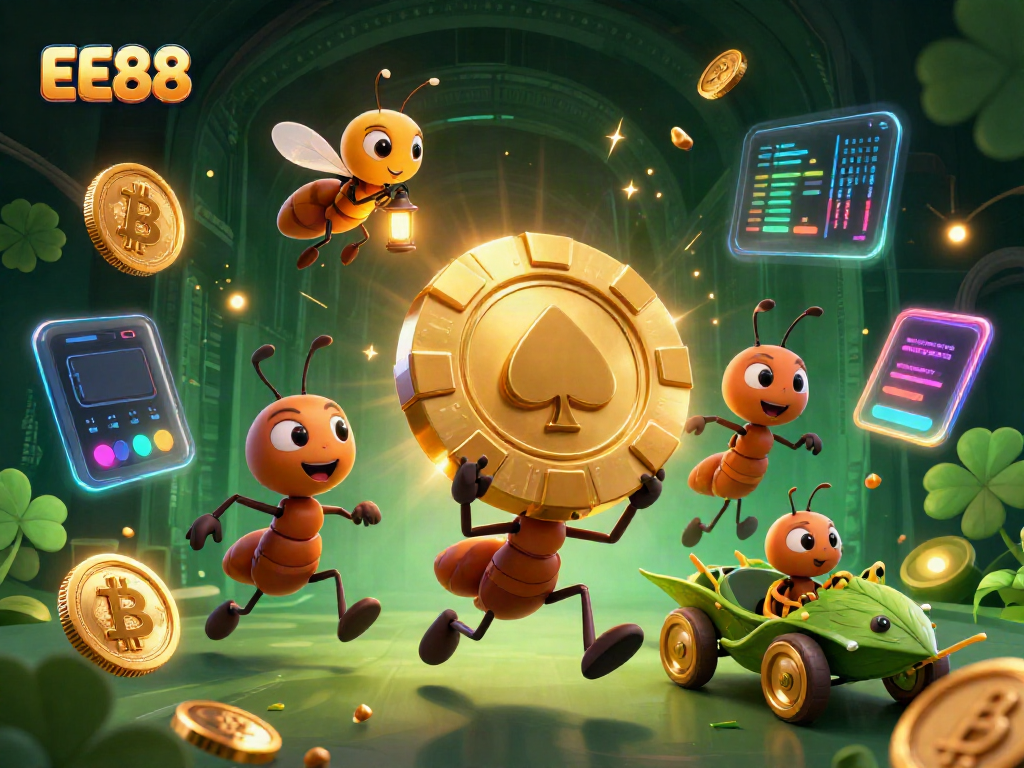 EE88 heist scene with ants, crypto symbols, and dynamic casino elements in a dark gradient background