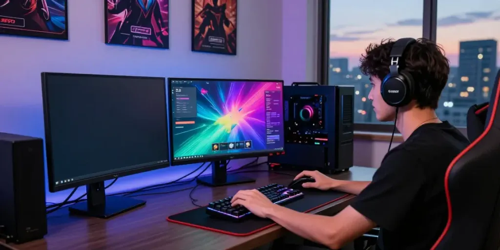 Person playing SGPSLOT link login on a dual-monitor gaming setup with vibrant graphics.