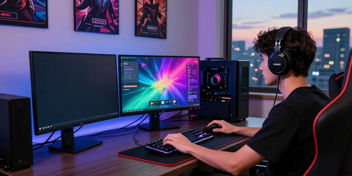 Person playing SGPSLOT link login on a dual-monitor gaming setup with vibrant graphics.