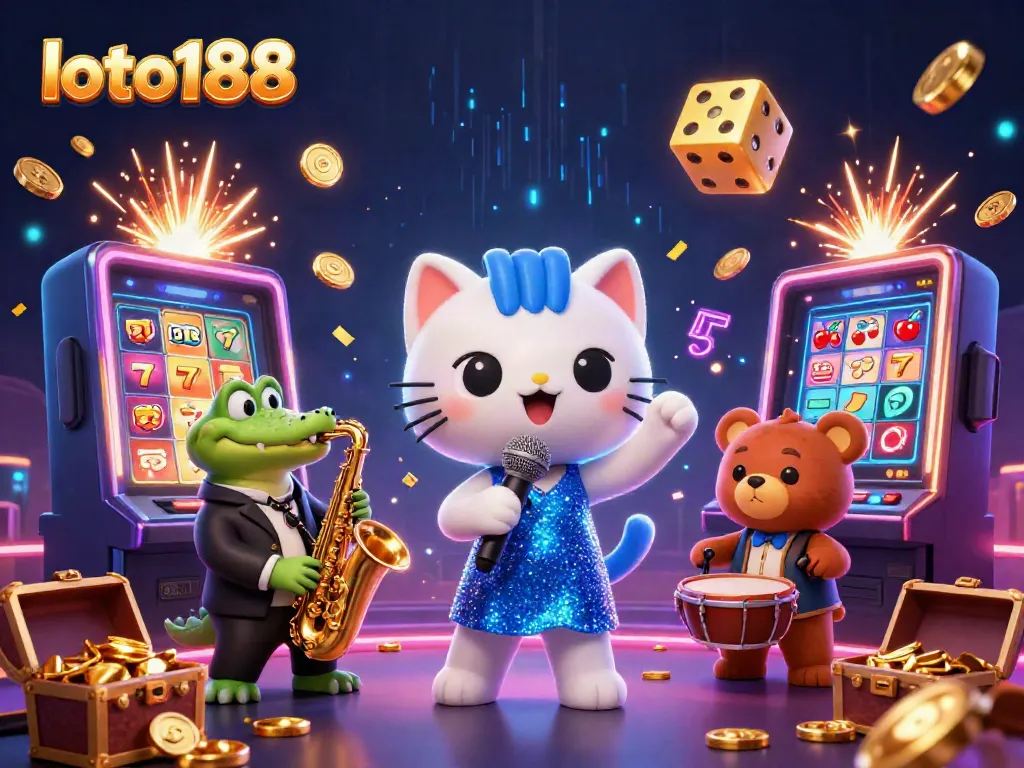Experience the vibrant gaming atmosphere with loto188, featuring a jazzy cat, a crocodile saxophonist, and a bear drummer in a lively casino scene.