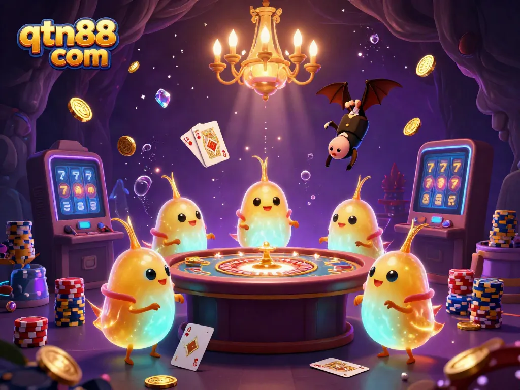Experience the dynamic thrill of qtn88 com as animated glowworms light up a vibrant casino scene.