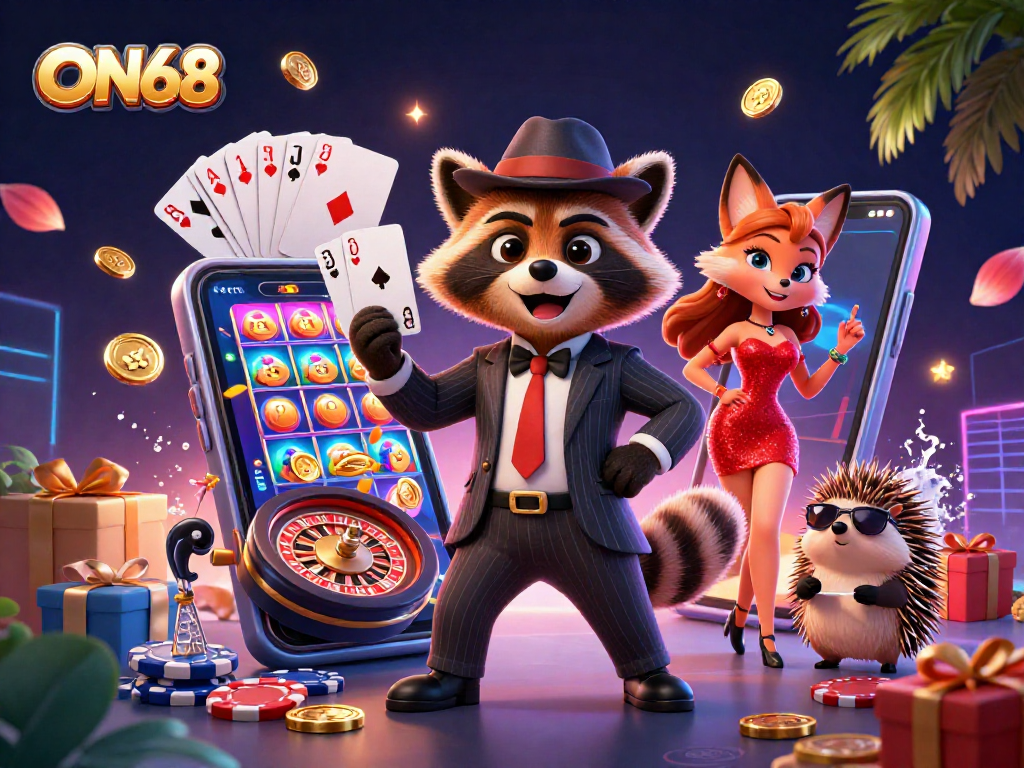 Experience winning strategies at ON68 with a raccoon, fox, and hedgehog amid lively gaming elements.