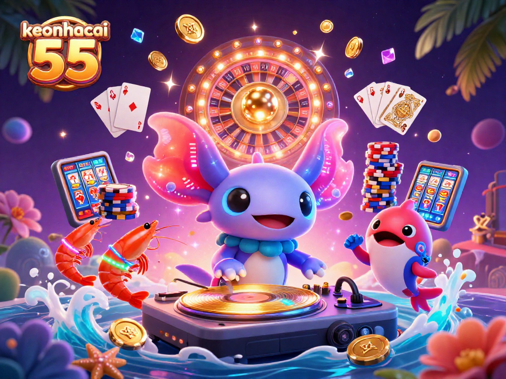 Experience the excitement of keonhacai 55 with a neon-colored axolotl DJ and vibrant casino elements.