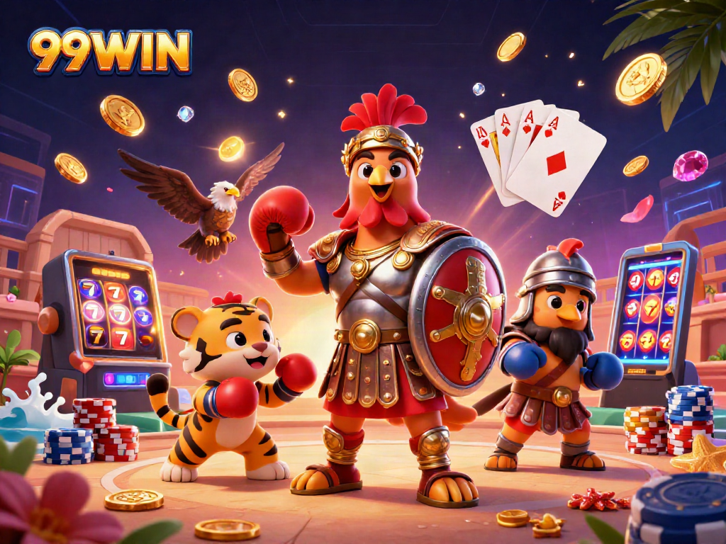 Experience thrilling wins at 99WIN with dynamic artwork showcasing slots, poker, and casino excitement.