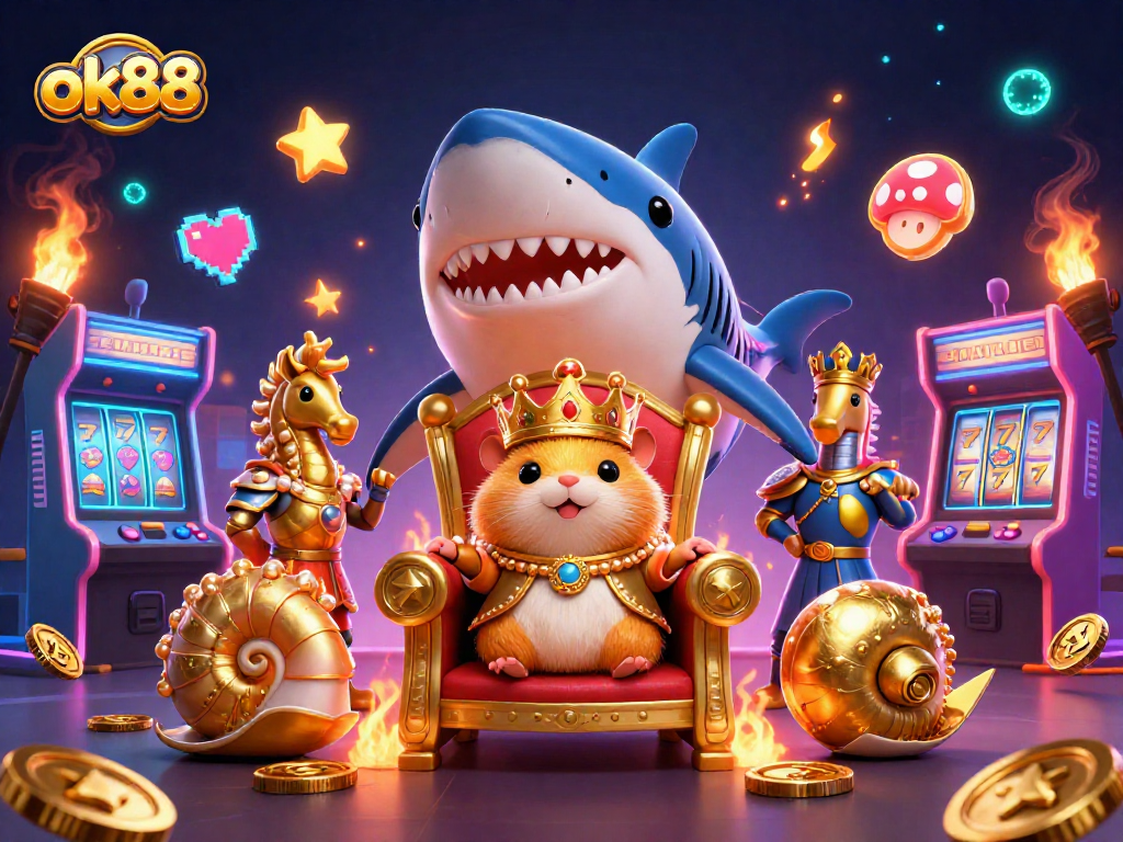 Experience the excitement of ok88 gaming with a vibrant scene featuring a golden hamster king in an arcade casino.