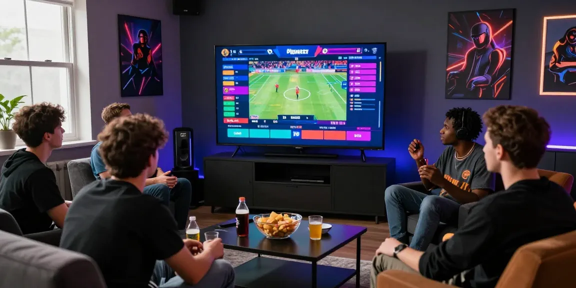 Friends actively engaging with Playinexch on a large screen, surrounded by snacks in an energetic gaming atmosphere.
