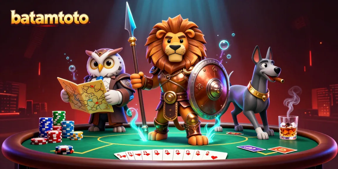 Engage in batamtoto gaming with a heroic Spartan lion and tactical owl surrounded by vibrant poker elements.