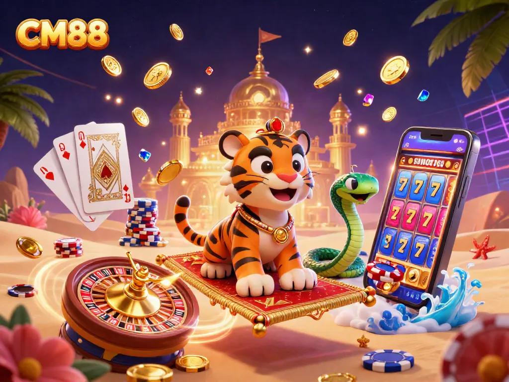 Experience CM88's exhilarating gaming adventures with a dazzling casino scene featuring vibrant characters.