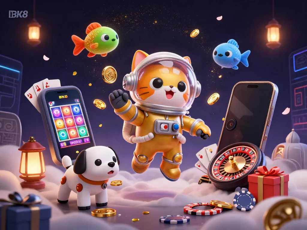 Experience BK8's exciting slot gameplay with a whimsical astronaut cat and robotic dog in a cosmic casino.