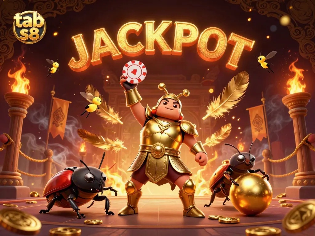 Join the excitement of tab s8 with a victorious beetle lifting a poker chip in a dynamic casino scene.