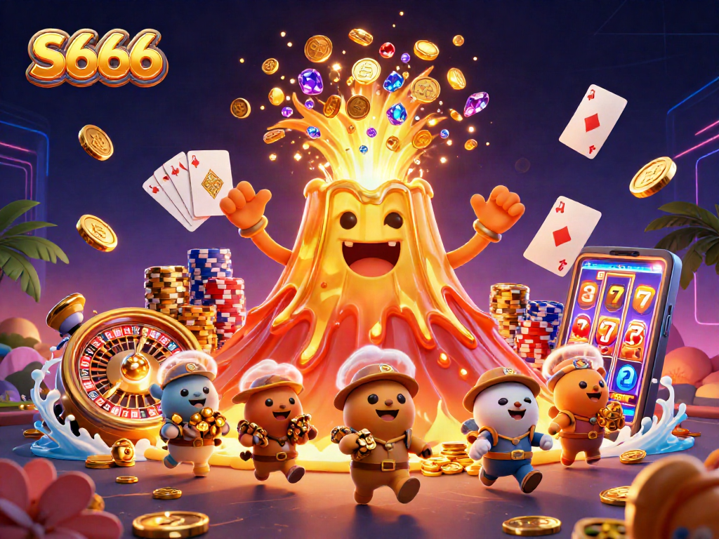 Engage in thrilling S666 casino action with golden treasures erupting from the volcano.