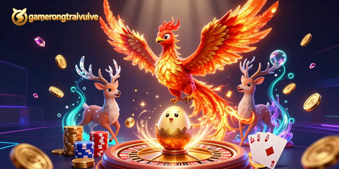 Experience the thrill at gamenongtraivuive with vibrant casino elements and a dynamic 3D phoenix scene.