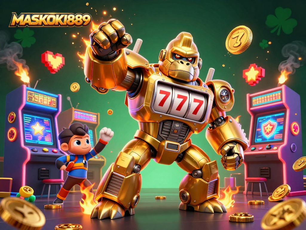 Experience the thrill of MASKOKI889 with a powerful gorilla mech spinning slots and coins!