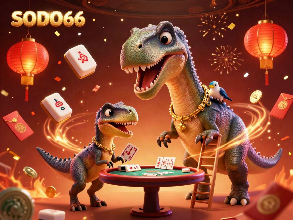 Experience thrilling gameplay at SODO66 with a dynamic 3D casino scene featuring a giant brontosaurus, raptor dealer, and festive gambling elements.