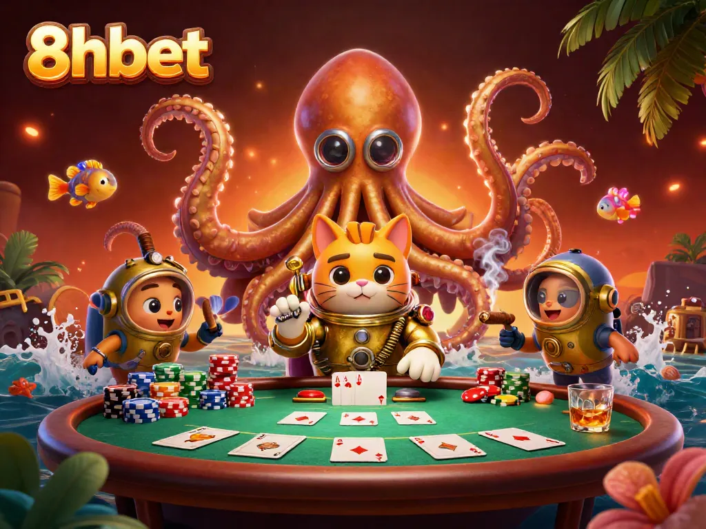 Experience thrilling moments at 8xbet with a vibrant poker scene featuring unique characters.