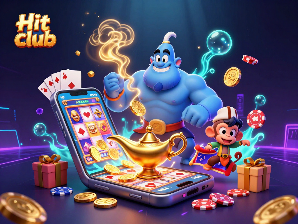 Experience the dynamic Hit club scene with a genie, monkey, and poker chips flying around as players spin the reels.