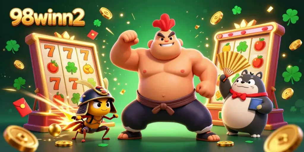 Engage with 98winn2 as a thrilling sumo wrestler rooster meets a fierce cricket in a vibrant casino setting.